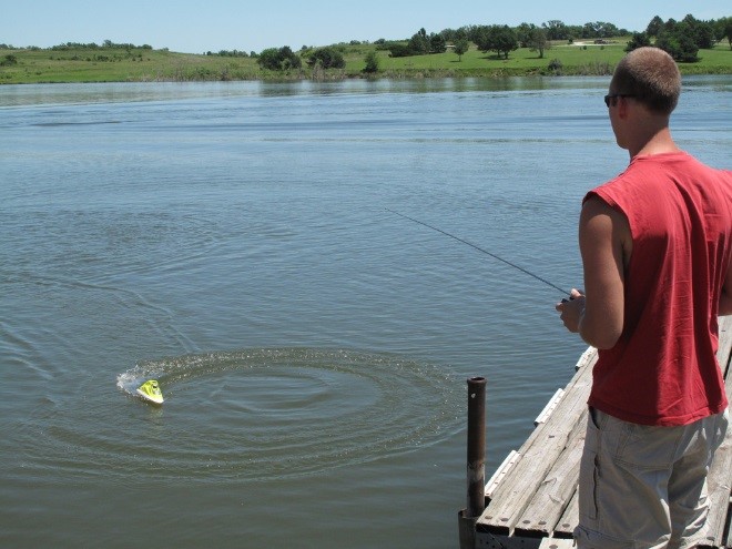 Figure 6. Remote controlled motorboats can be an effective way to haze geese. Photo by Stephen M. Vantassel.